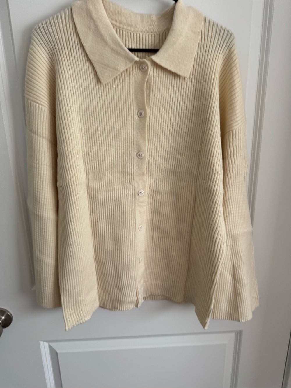 Amazon Cream Ribbed Button-Up Collared Cardigan Sweater - Picture 2 of 4